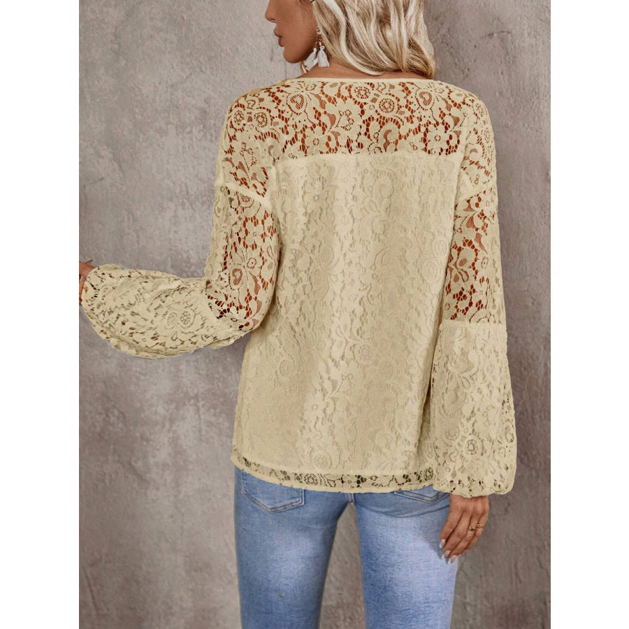 Lace Tie Neck Long Sleeve Blouse Apparel and Accessories