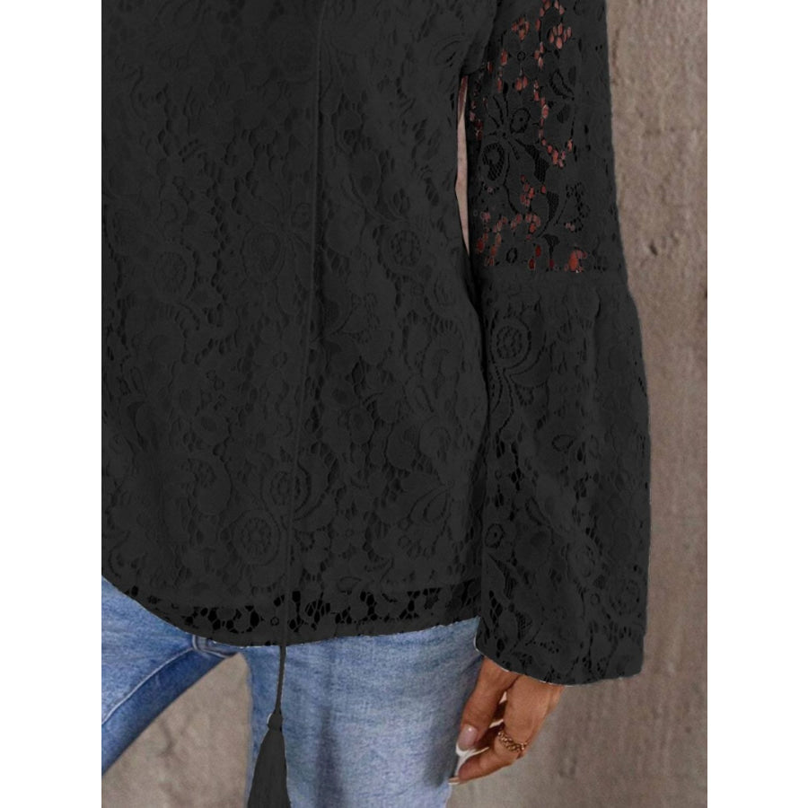 Lace Tie Neck Long Sleeve Blouse Apparel and Accessories