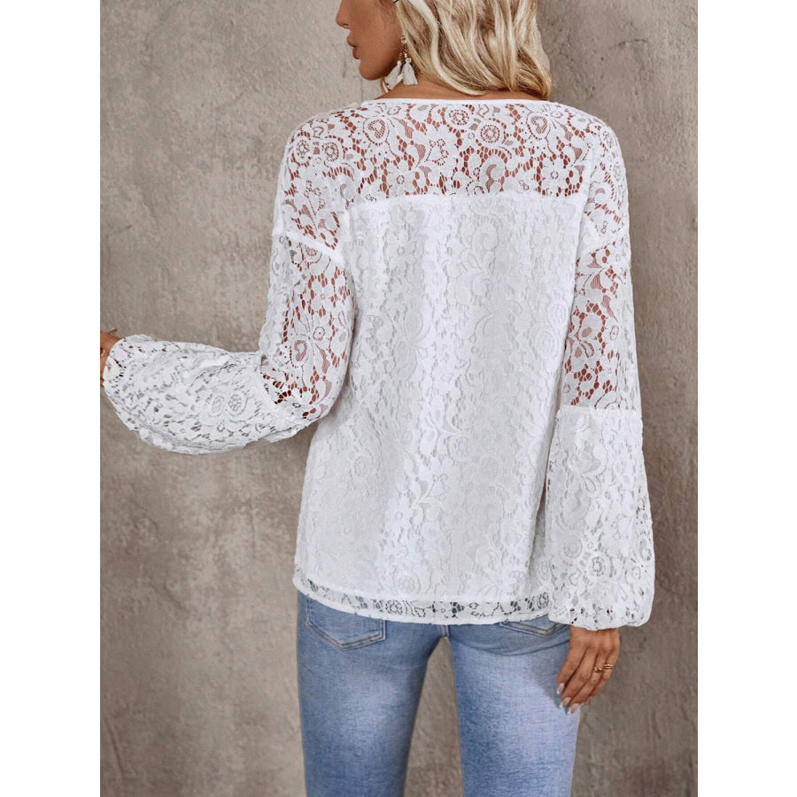 Lace Tie Neck Long Sleeve Blouse Apparel and Accessories