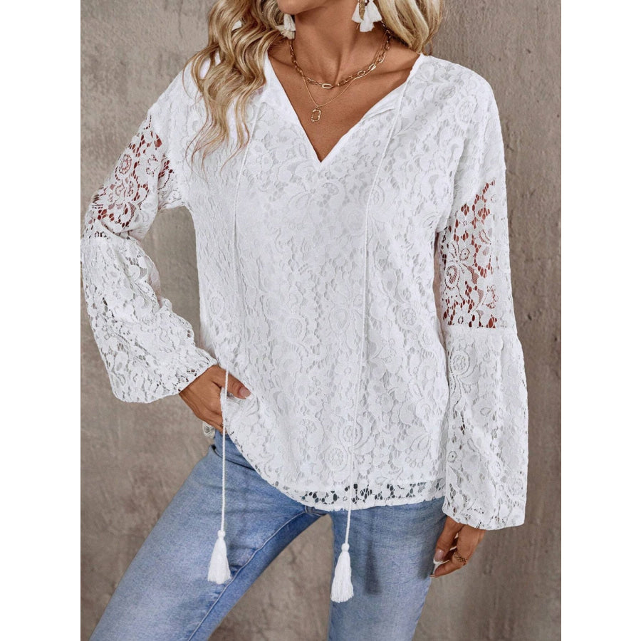 Lace Tie Neck Long Sleeve Blouse Apparel and Accessories