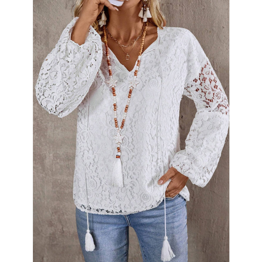 Lace Tie Neck Long Sleeve Blouse Apparel and Accessories