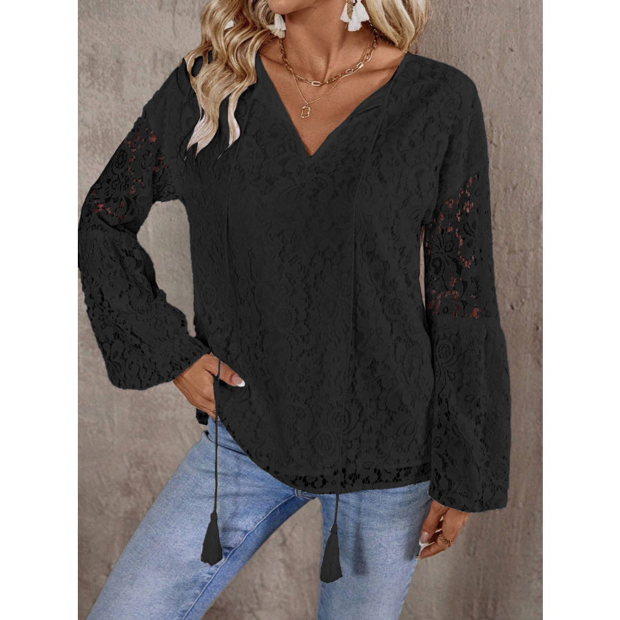 Lace Tie Neck Long Sleeve Blouse Black / S Apparel and Accessories