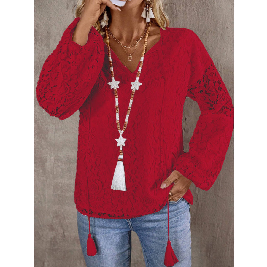 Lace Tie Neck Long Sleeve Blouse Deep Red / S Apparel and Accessories