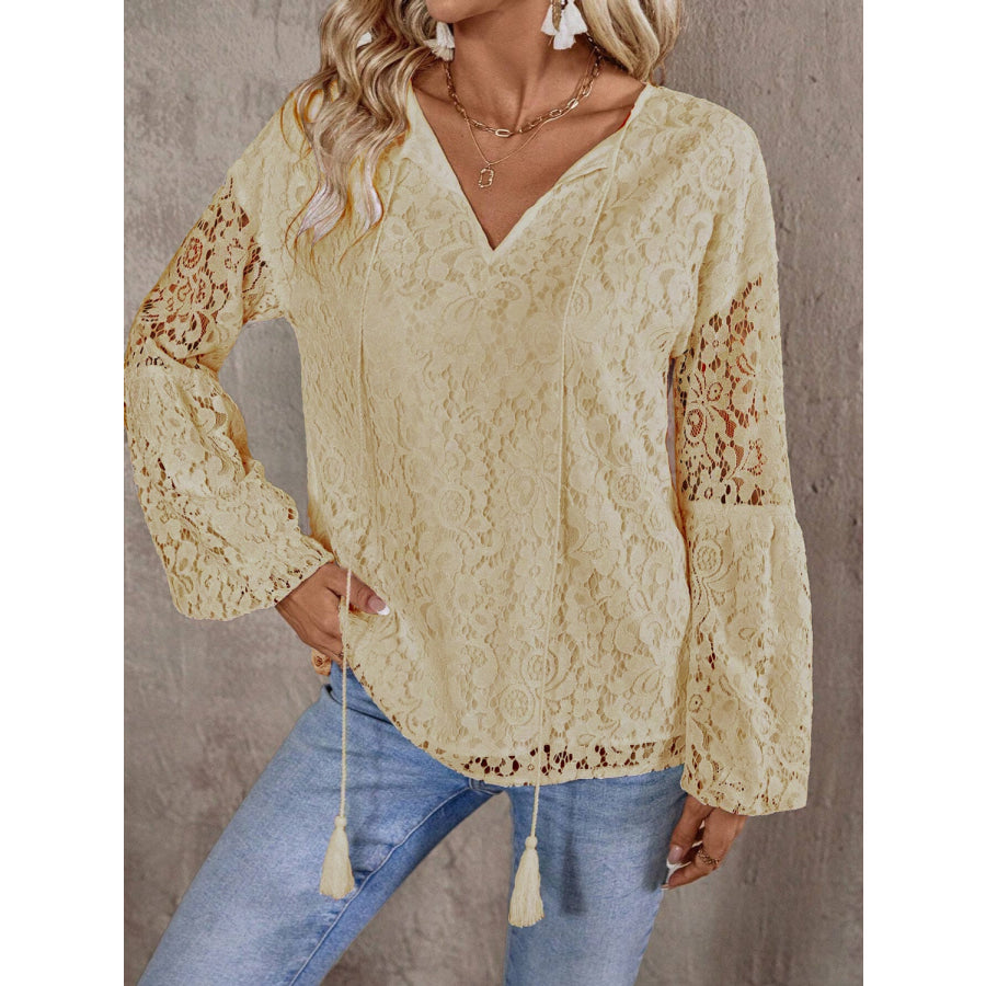 Lace Tie Neck Long Sleeve Blouse Tan / S Apparel and Accessories