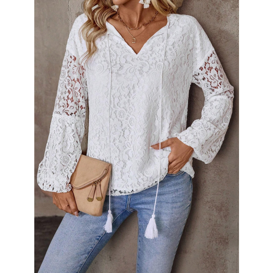 Lace Tie Neck Long Sleeve Blouse White / S Apparel and Accessories