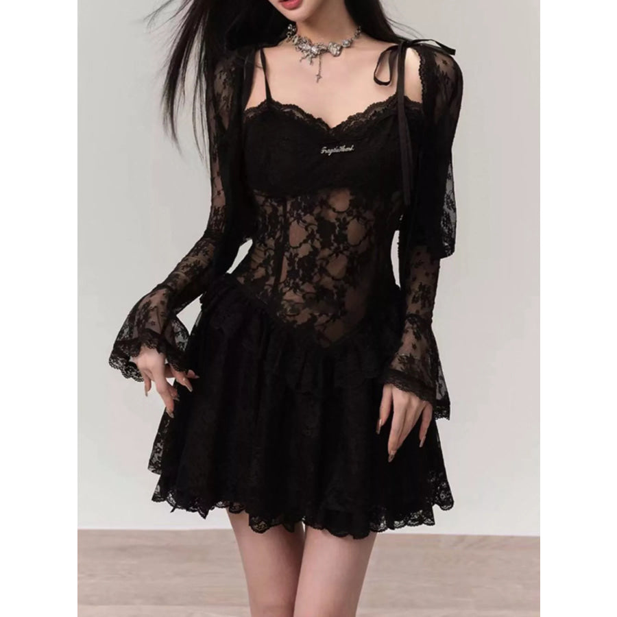 Lace Tie Shoulder Mini Dress Black / S Apparel and Accessories