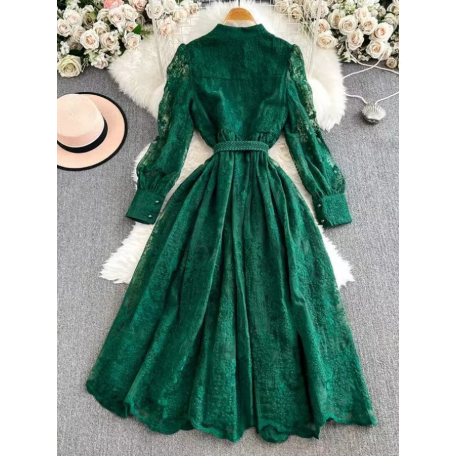Lace Tie Waist Long Sleeve Dress Apparel and Accessories