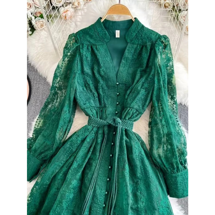 Lace Tie Waist Long Sleeve Dress Apparel and Accessories