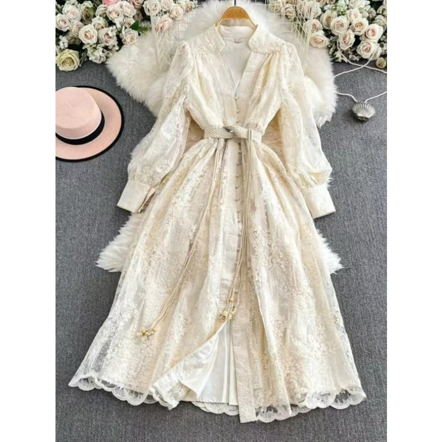 Lace Tie Waist Long Sleeve Dress Apricot / S Apparel and Accessories