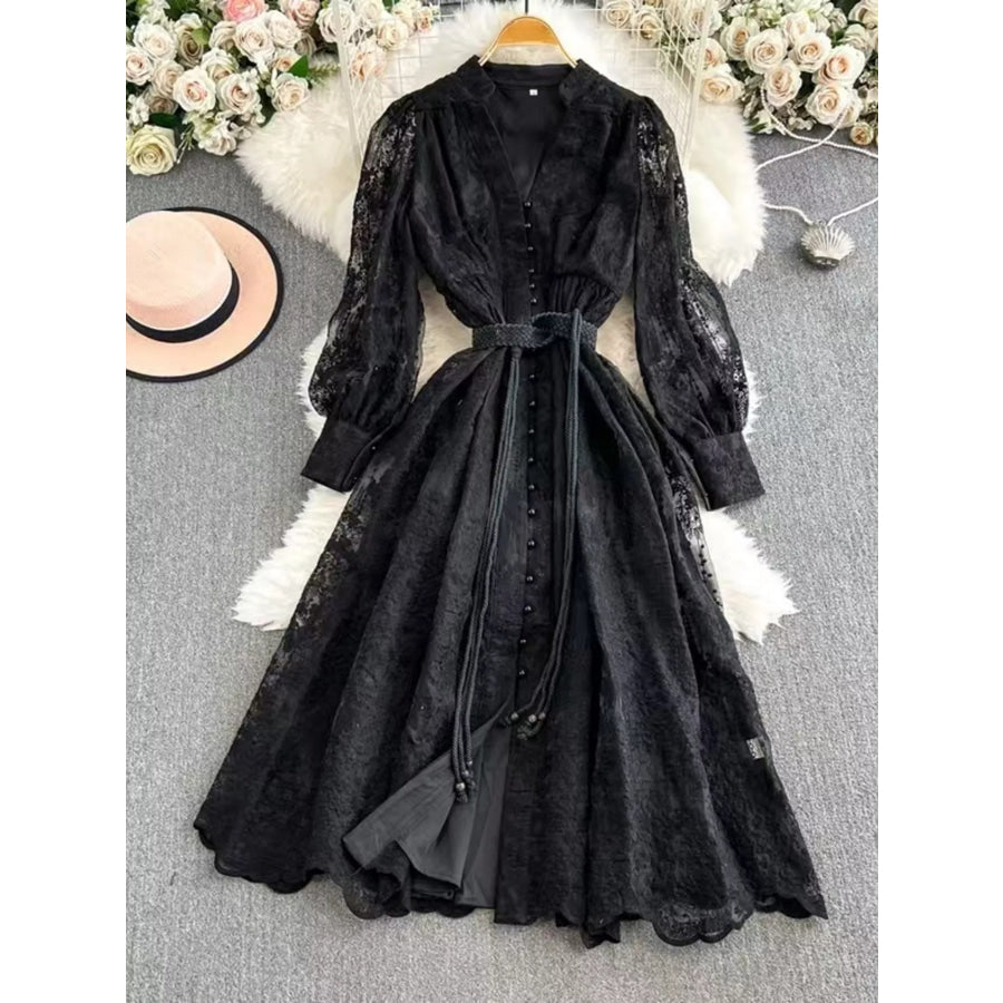 Lace Tie Waist Long Sleeve Dress Black / S Apparel and Accessories