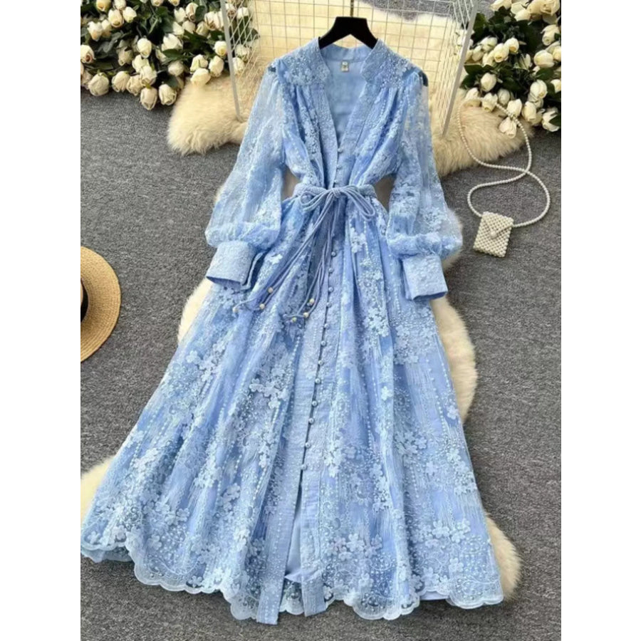 Lace Tie Waist Long Sleeve Dress Blue / S Apparel and Accessories