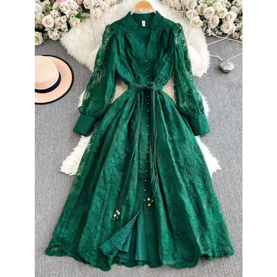 Lace Tie Waist Long Sleeve Dress Green / S Apparel and Accessories