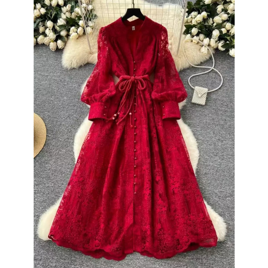 Lace Tie Waist Long Sleeve Dress Red / S Apparel and Accessories
