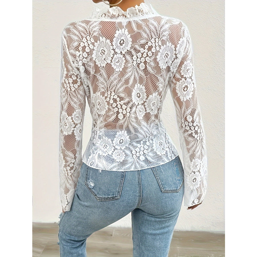 Lace Tied Ruffled V-Neck Long Sleeve Top Apparel and Accessories