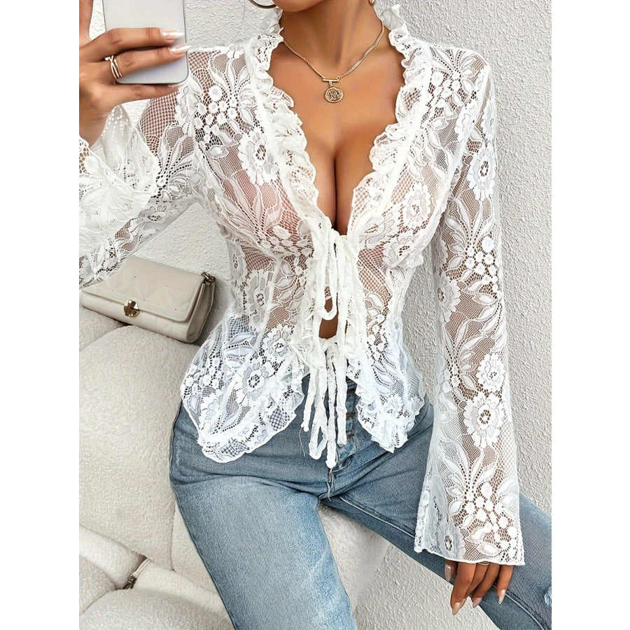 Lace Tied Ruffled V-Neck Long Sleeve Top Apparel and Accessories