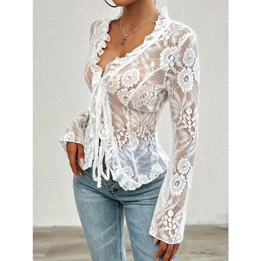 Lace Tied Ruffled V-Neck Long Sleeve Top Apparel and Accessories