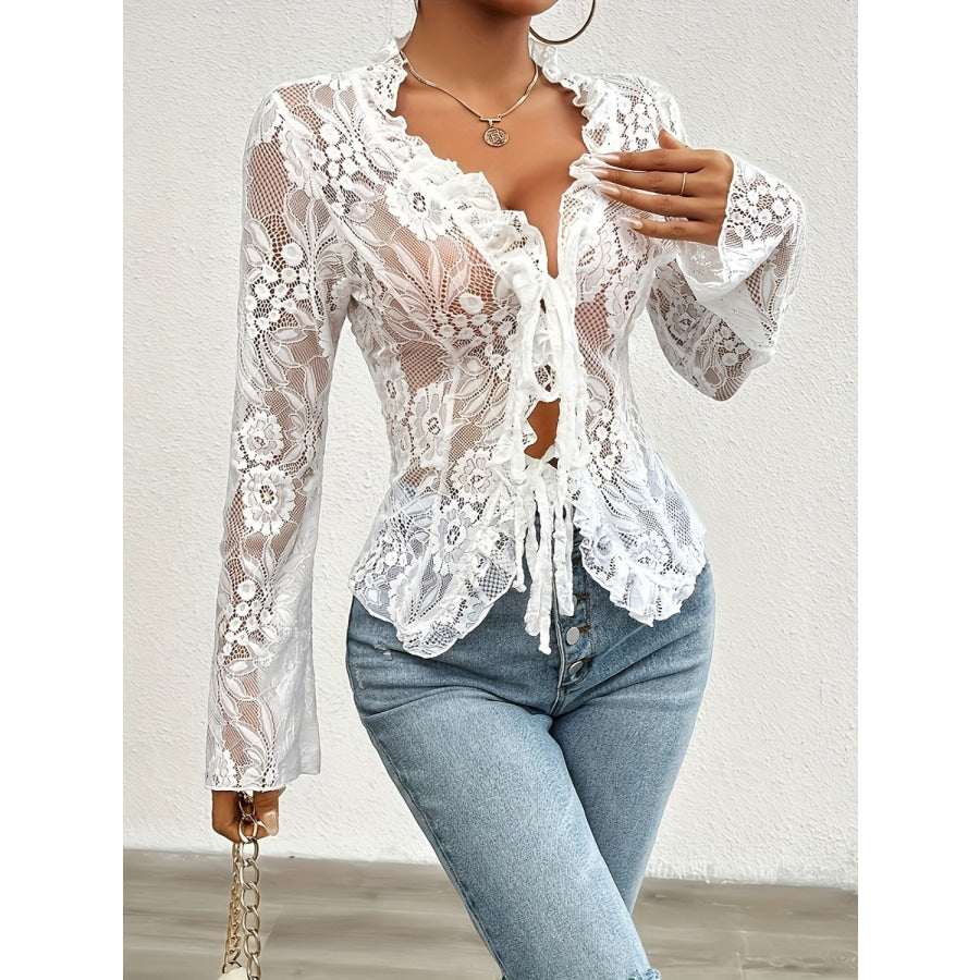 Lace Tied Ruffled V-Neck Long Sleeve Top Apparel and Accessories