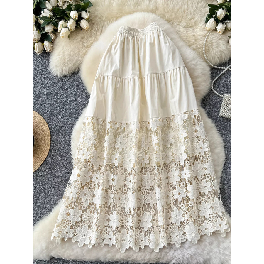 Lace Tiered Elastic Waist Skirt Apricot / One Size Apparel and Accessories
