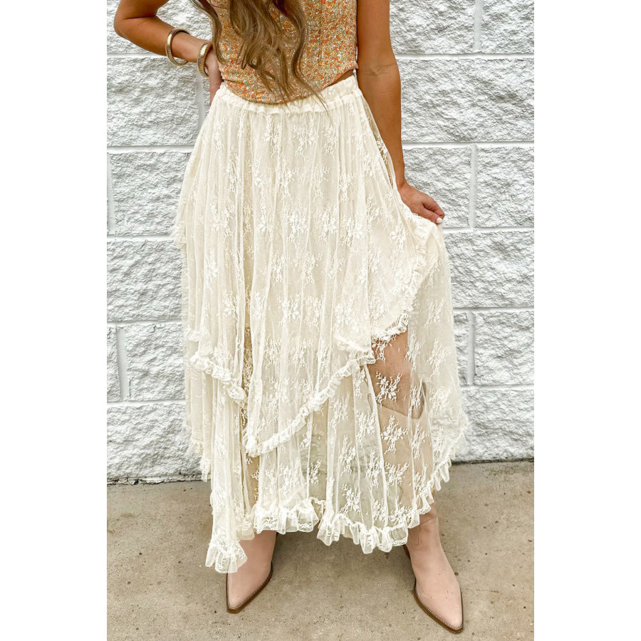 Lace Tiered Midi Skirt Ivory / S Apparel and Accessories