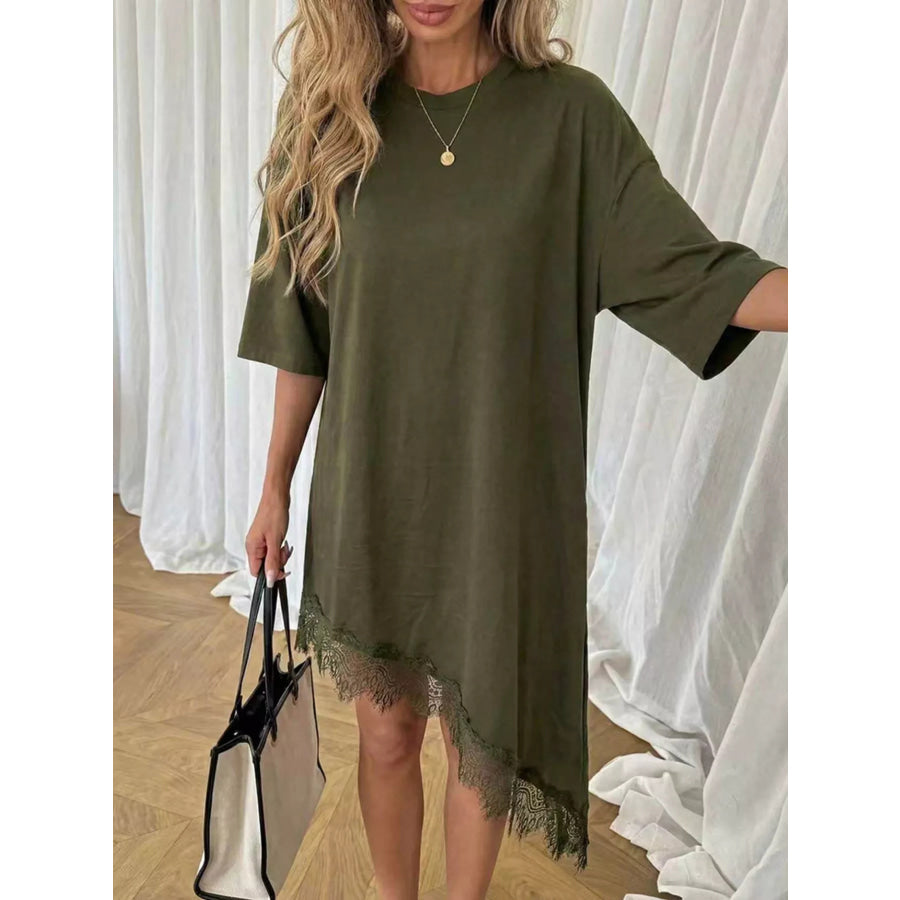Lace Trim Asymmetrical Hem T-shirt Dress Apparel and Accessories