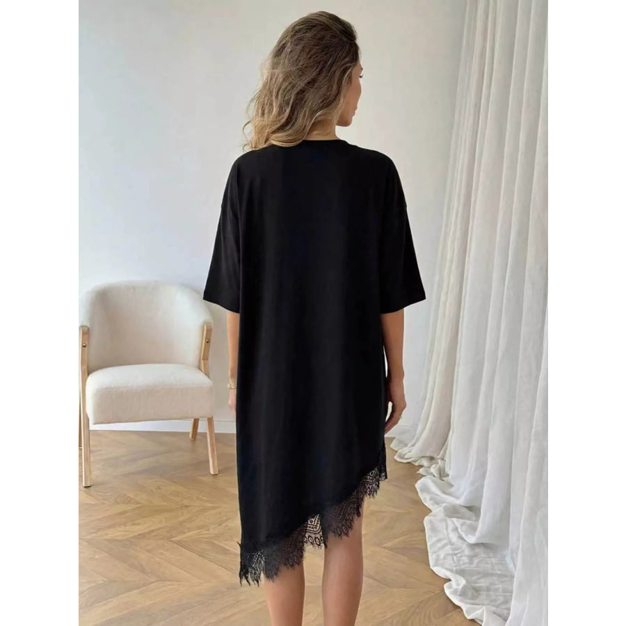 Lace Trim Asymmetrical Hem T-shirt Dress Apparel and Accessories