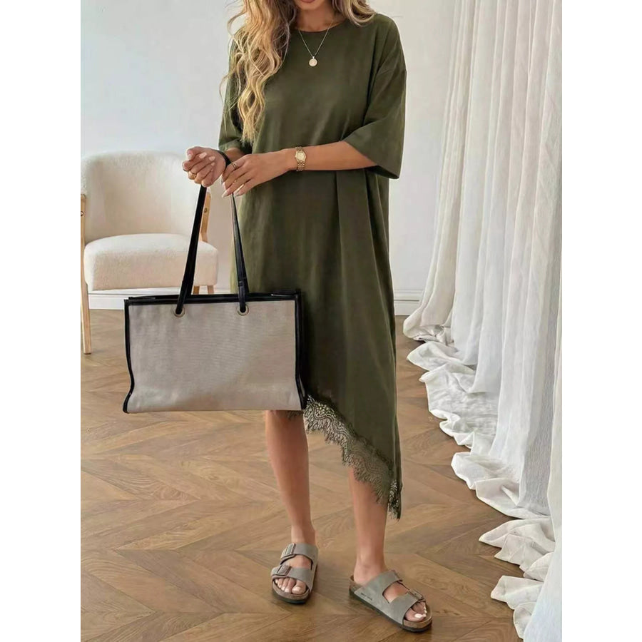 Lace Trim Asymmetrical Hem T-shirt Dress Apparel and Accessories