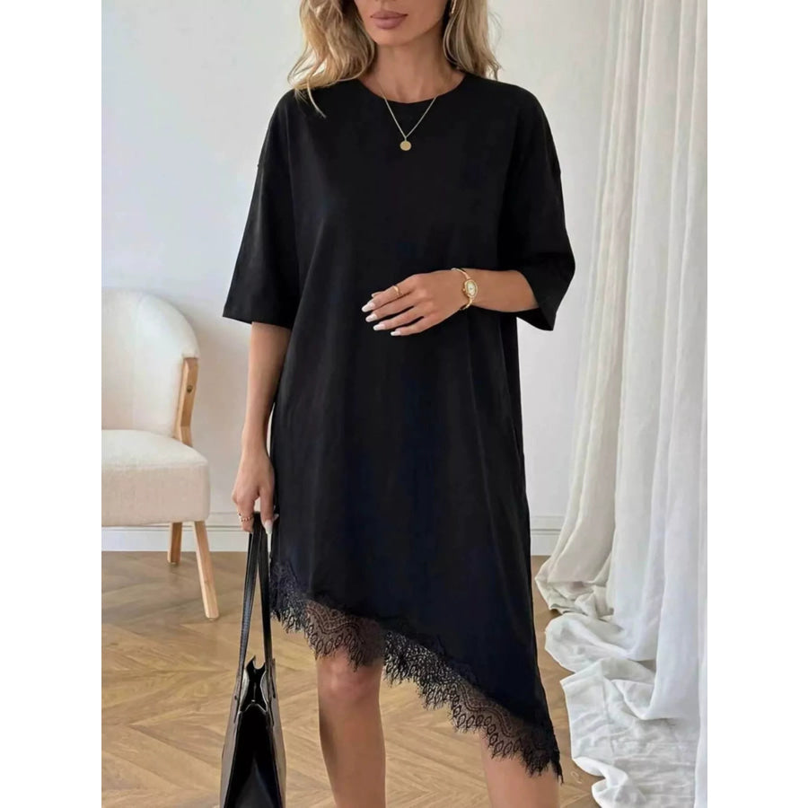 Lace Trim Asymmetrical Hem T-shirt Dress Apparel and Accessories