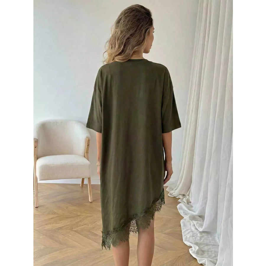 Lace Trim Asymmetrical Hem T-shirt Dress Apparel and Accessories