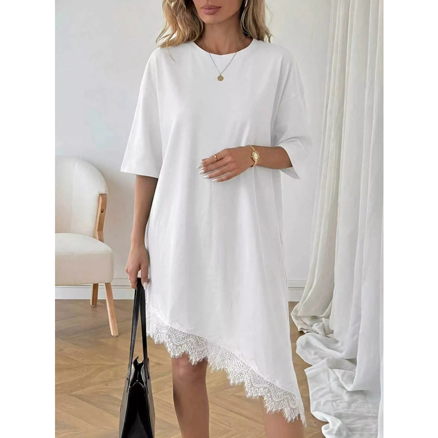 Lace Trim Asymmetrical Hem T-shirt Dress Apparel and Accessories