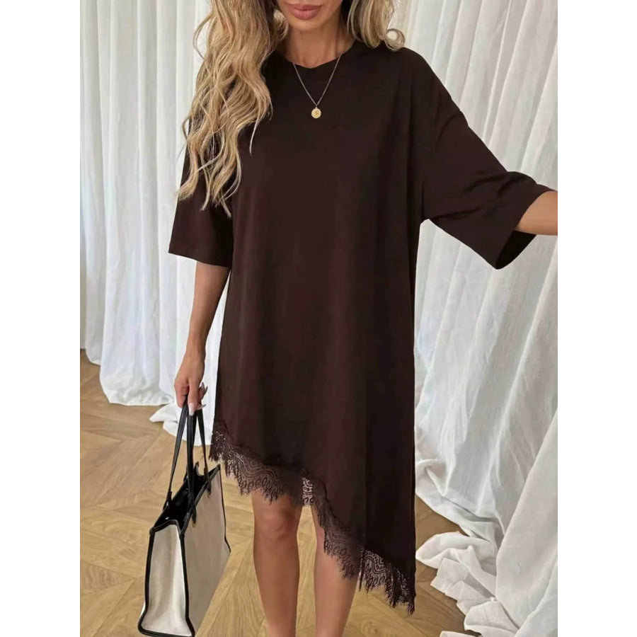 Lace Trim Asymmetrical Hem T-shirt Dress Apparel and Accessories