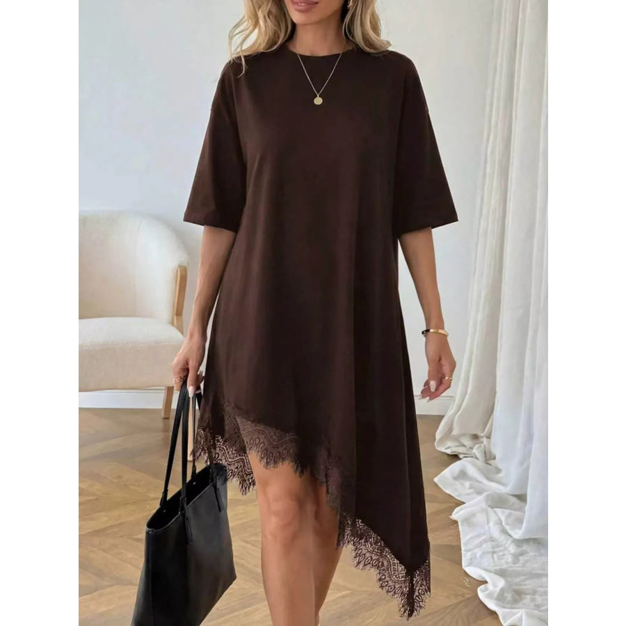 Lace Trim Asymmetrical Hem T-shirt Dress Apparel and Accessories