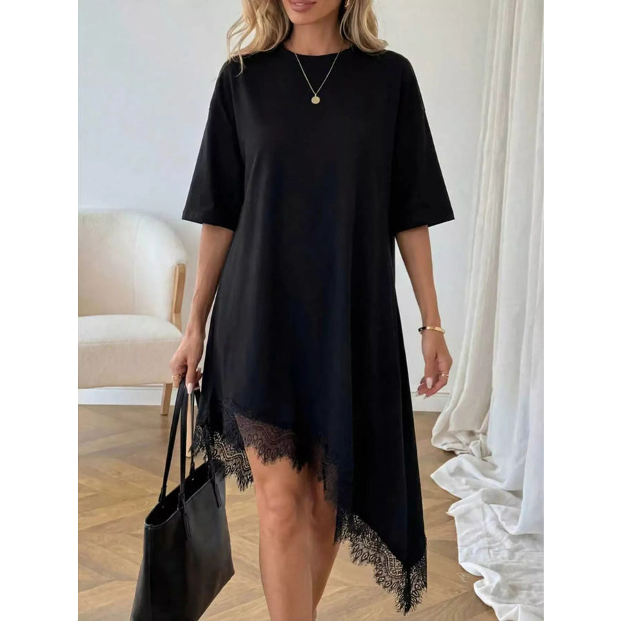 Lace Trim Asymmetrical Hem T-shirt Dress Apparel and Accessories