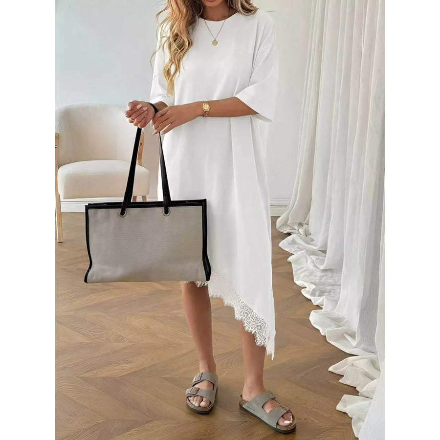 Lace Trim Asymmetrical Hem T-shirt Dress Apparel and Accessories
