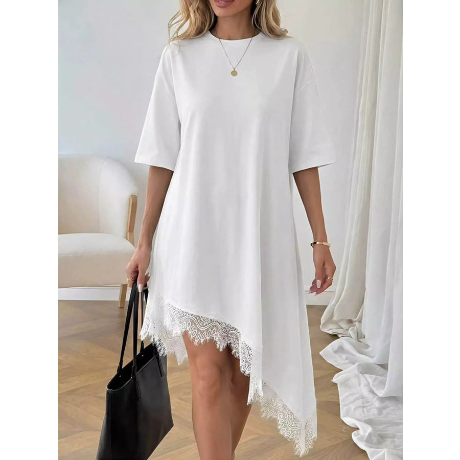 Lace Trim Asymmetrical Hem T-shirt Dress Apparel and Accessories