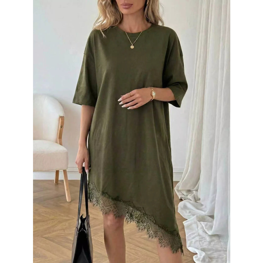 Lace Trim Asymmetrical Hem T-shirt Dress Apparel and Accessories