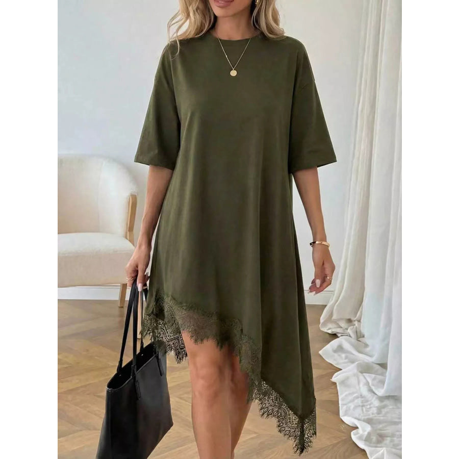 Lace Trim Asymmetrical Hem T-shirt Dress Army Green / S Apparel and Accessories