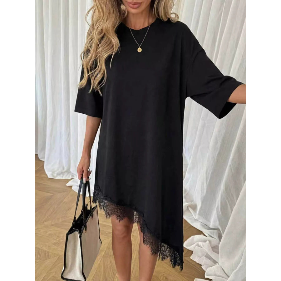 Lace Trim Asymmetrical Hem T-shirt Dress Black / S Apparel and Accessories