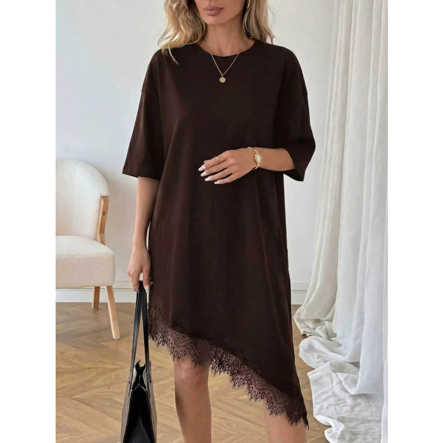 Lace Trim Asymmetrical Hem T-shirt Dress Chocolate / S Apparel and Accessories