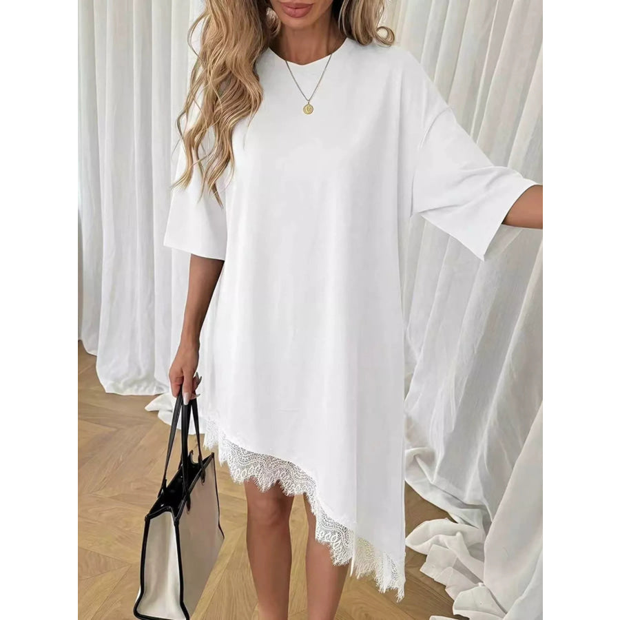 Lace Trim Asymmetrical Hem T-shirt Dress White / S Apparel and Accessories