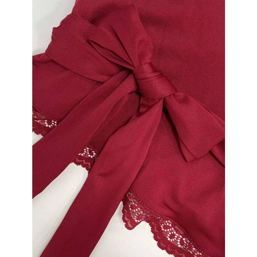 Lace Trim Bell Sleeve Tie Blouse Apparel and Accessories