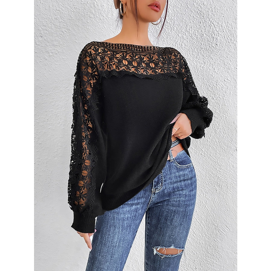 Lace Trim Boat Neck Knit Top Black / S