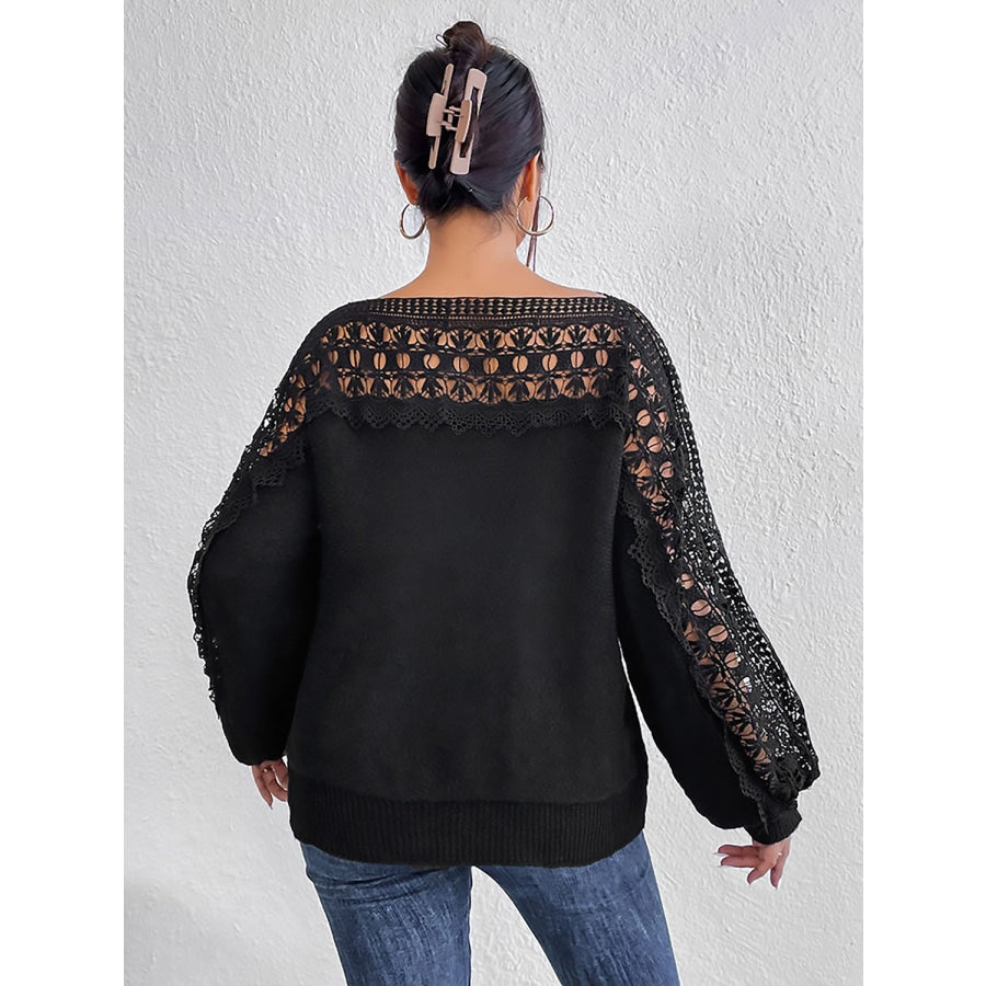 Lace Trim Boat Neck Knit Top Black / S