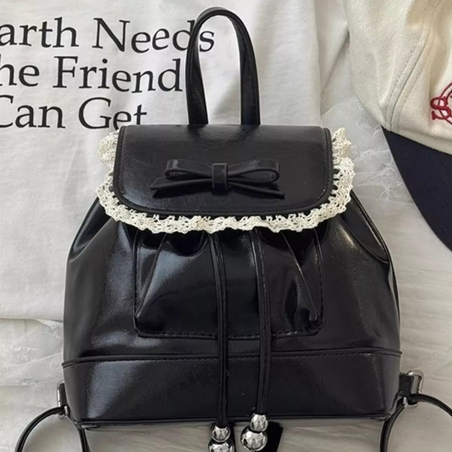 Lace Trim Bowknot Backpack Bag Black / ONESIZE Apparel and Accessories