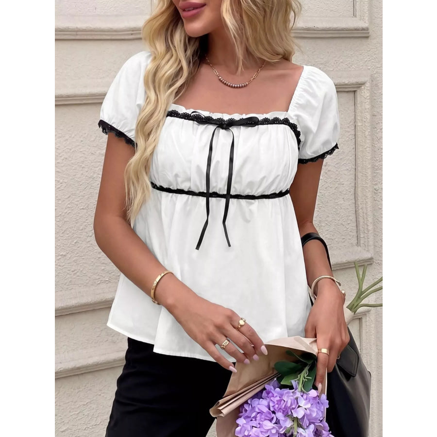 Lace Trim Bowknot Short Sleeve Blouse Apparel and Accessories