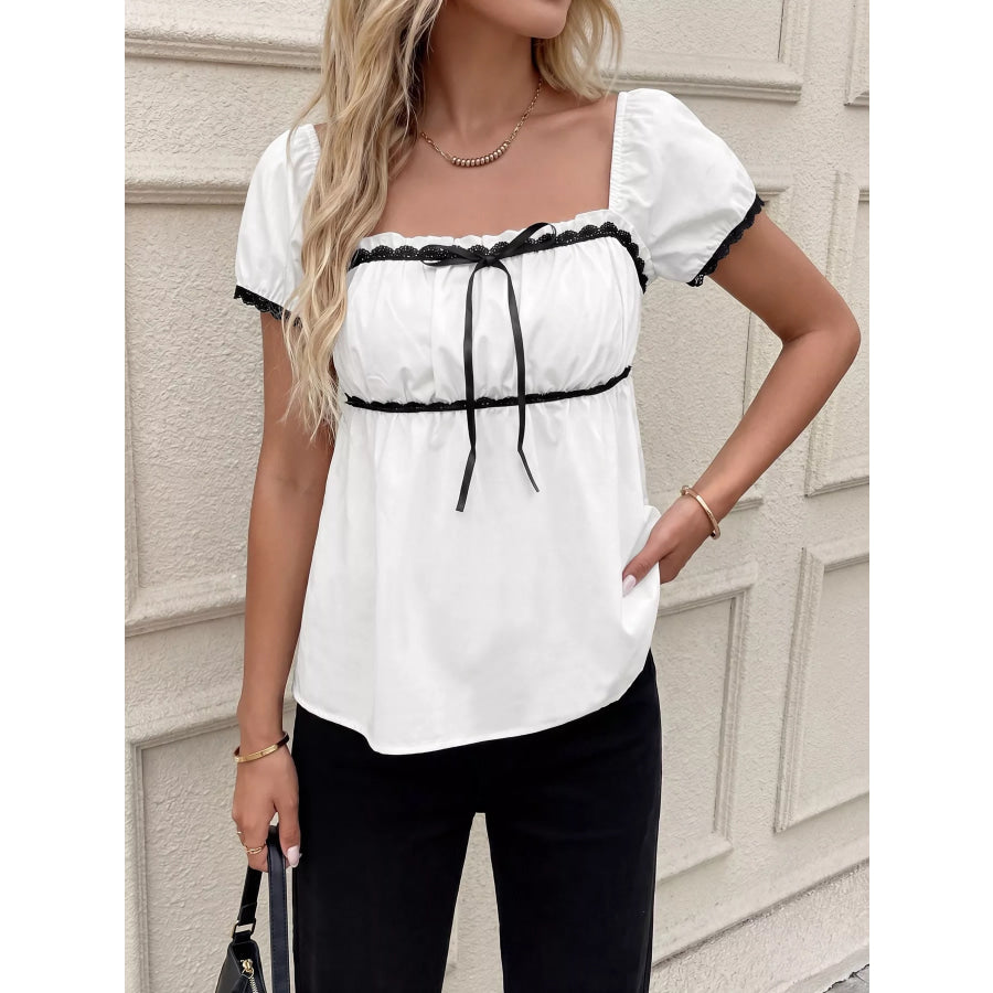 Lace Trim Bowknot Short Sleeve Blouse Apparel and Accessories