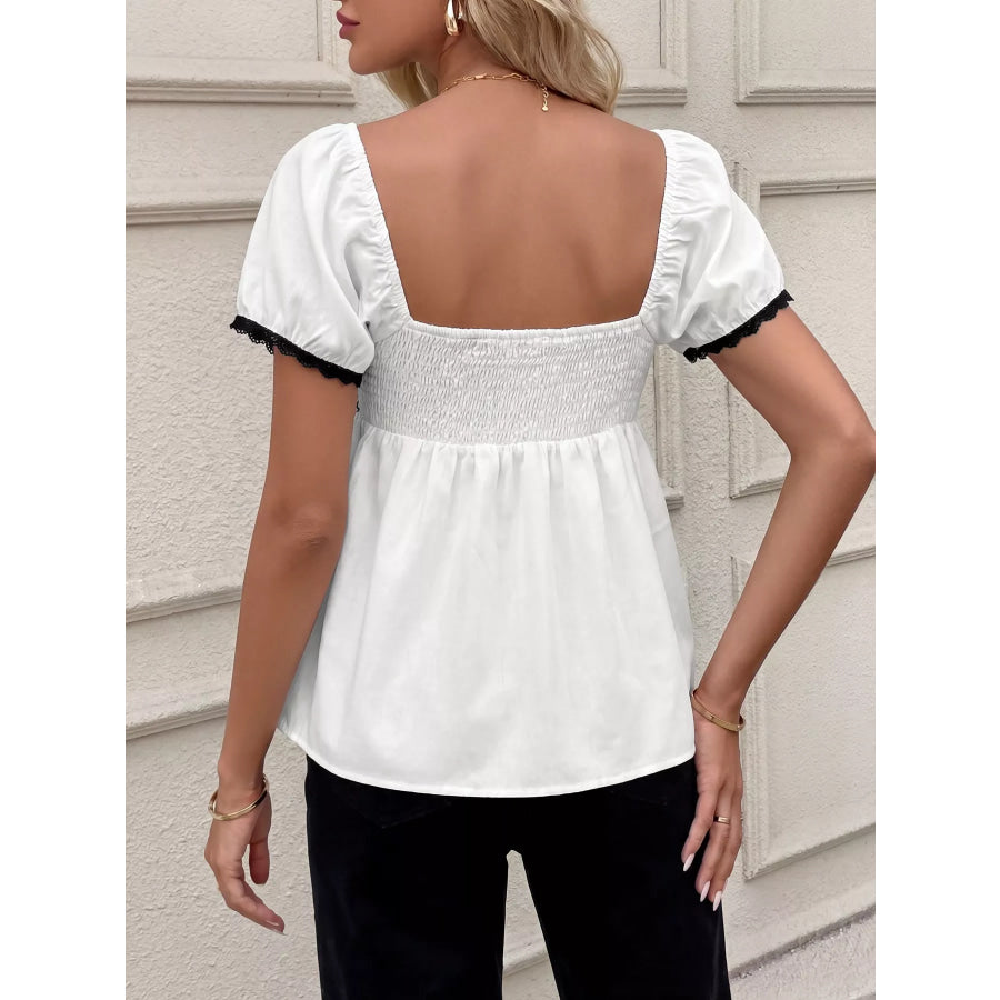 Lace Trim Bowknot Short Sleeve Blouse Apparel and Accessories