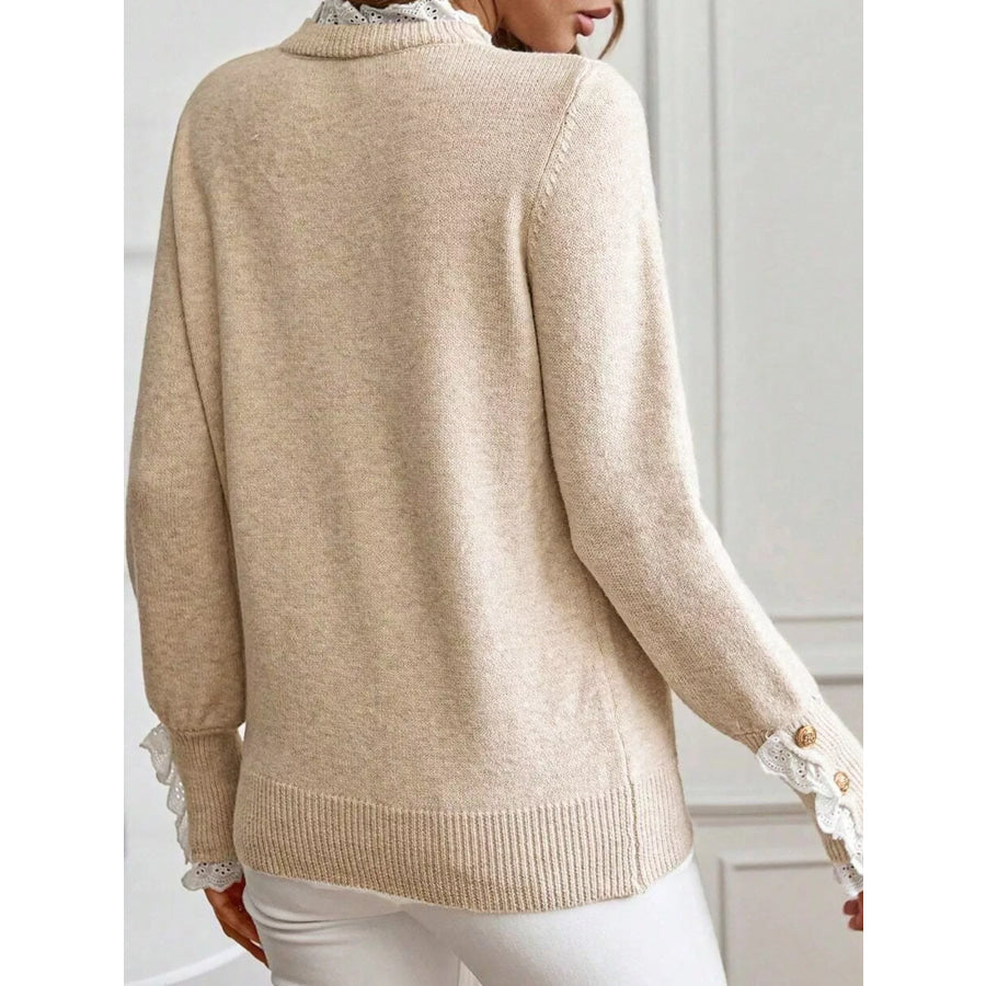 Lace Trim Button Cuff Long Sleeve Sweater Apparel and Accessories