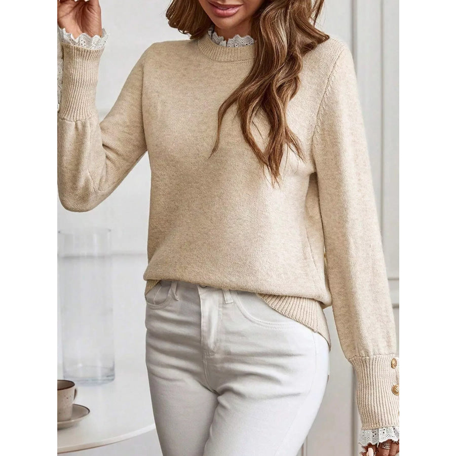 Lace Trim Button Cuff Long Sleeve Sweater Apparel and Accessories