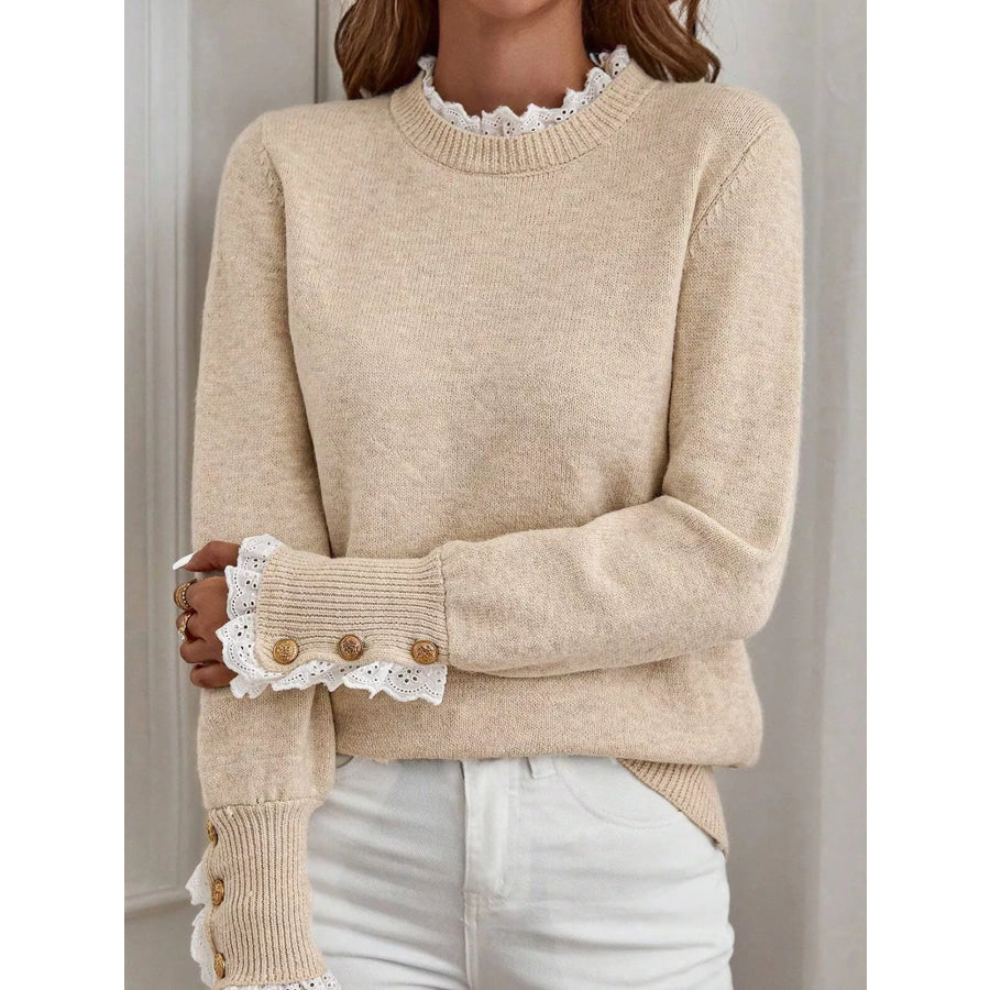 Lace Trim Button Cuff Long Sleeve Sweater Beige / S Apparel and Accessories
