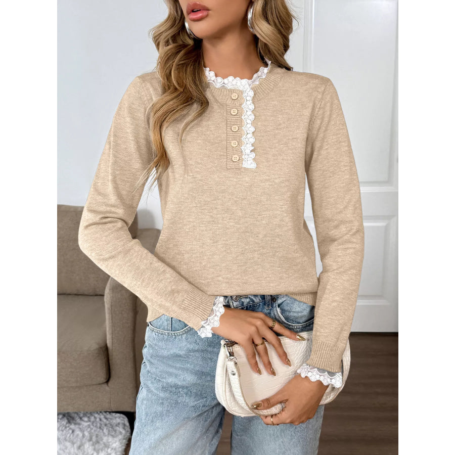 Lace Trim Button Detail Sweater Apparel and Accessories